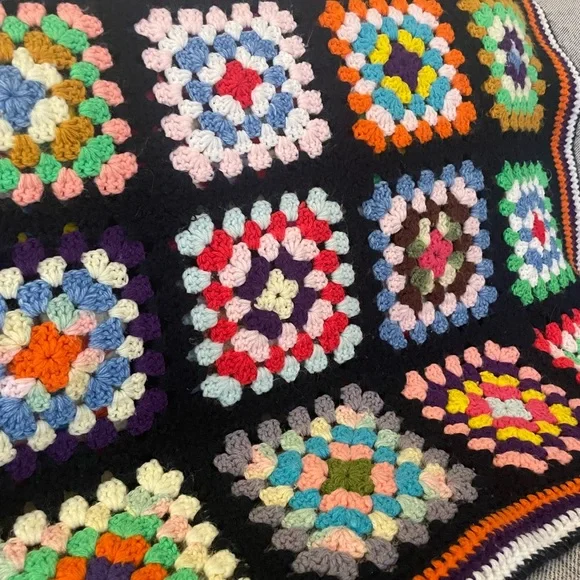 70s Inspired Large Handmade Crochet Throw Blanket Black (Vintage)